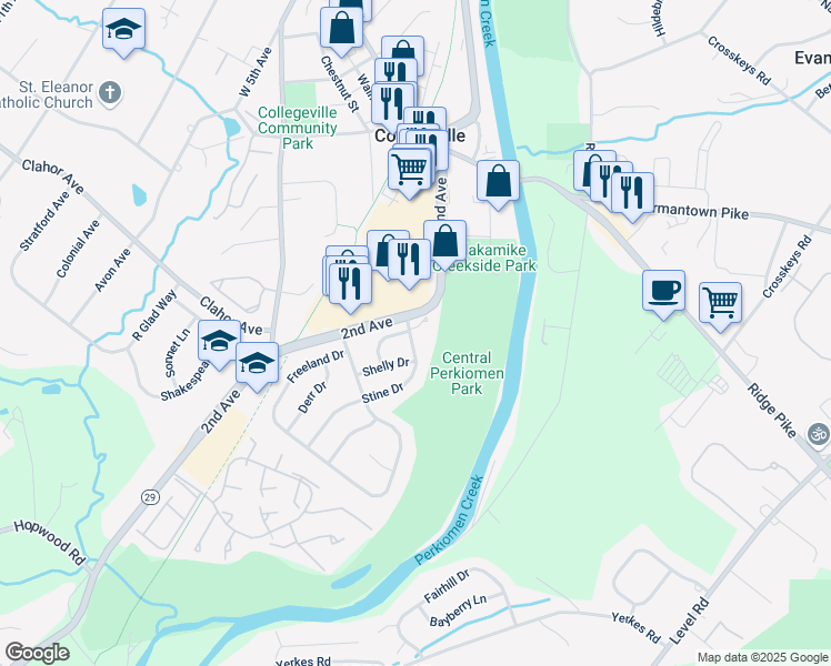 map of restaurants, bars, coffee shops, grocery stores, and more near 190 Stine Drive in Collegeville