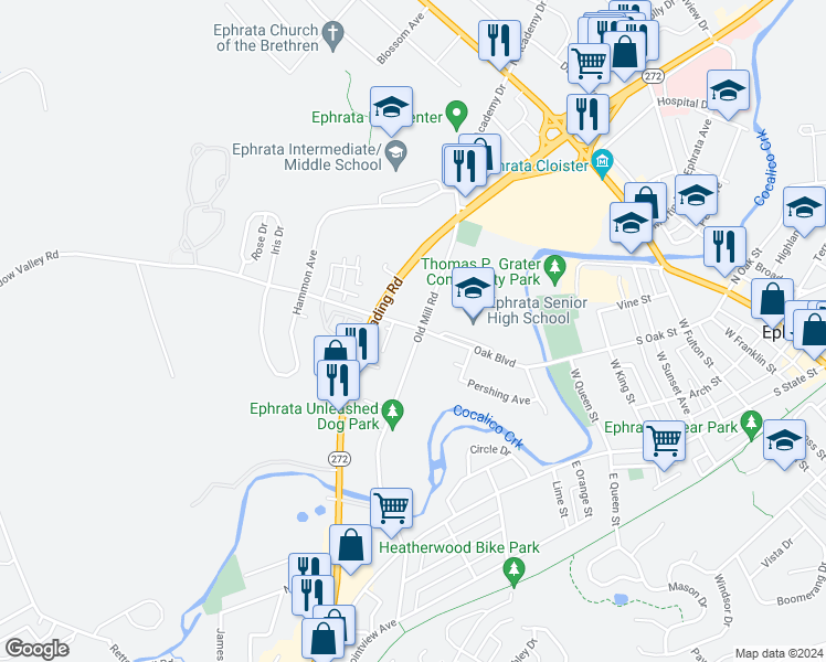 map of restaurants, bars, coffee shops, grocery stores, and more near 101 Old Mill Road in Ephrata