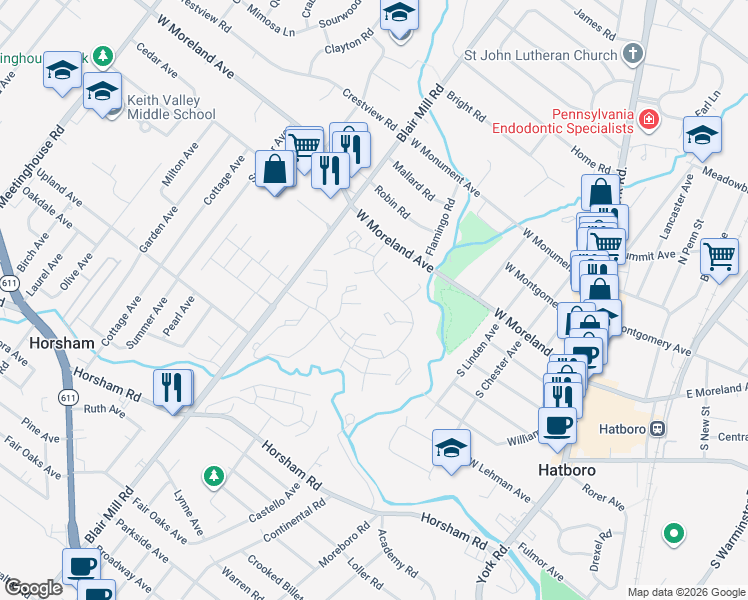 map of restaurants, bars, coffee shops, grocery stores, and more near 3855 Blair Mill Road in Horsham