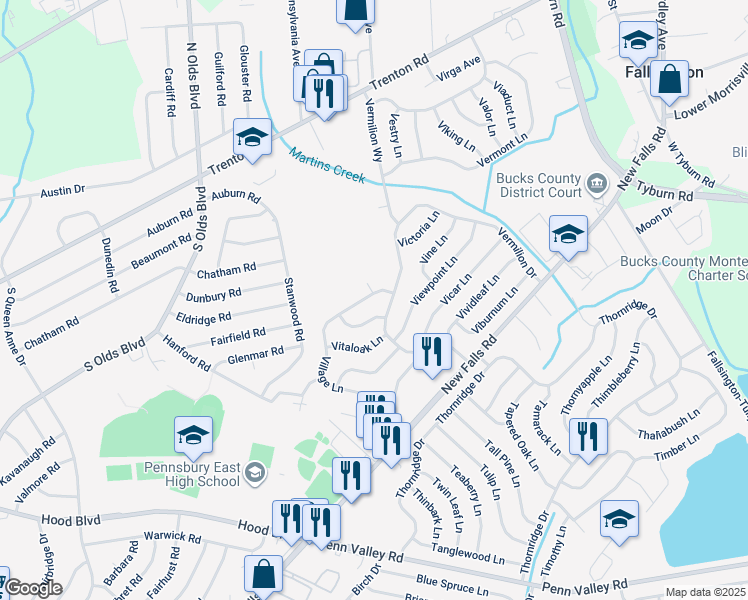 map of restaurants, bars, coffee shops, grocery stores, and more near 140 Village Lane in Levittown