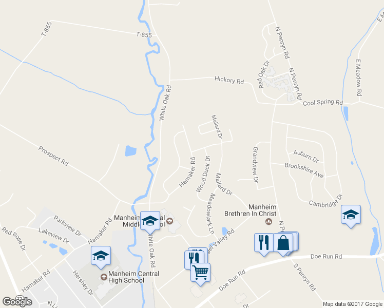 map of restaurants, bars, coffee shops, grocery stores, and more near 697 Hamaker Road in Manheim