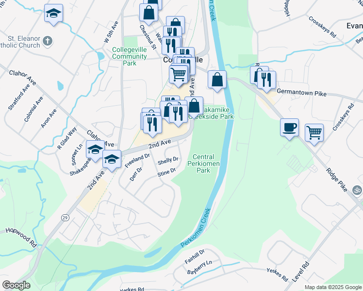 map of restaurants, bars, coffee shops, grocery stores, and more near 190 Stine Drive in Collegeville