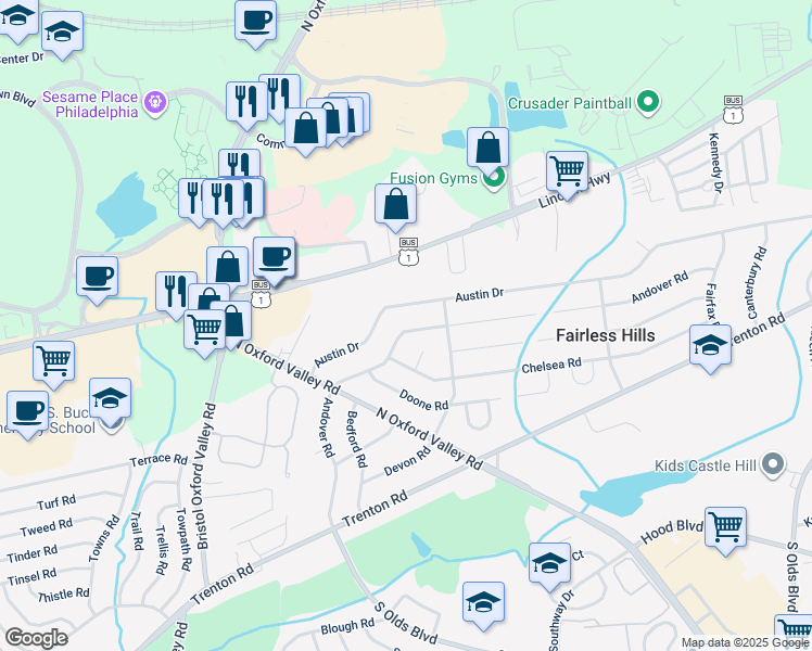 map of restaurants, bars, coffee shops, grocery stores, and more near 239 Andover Road in Fairless Hills