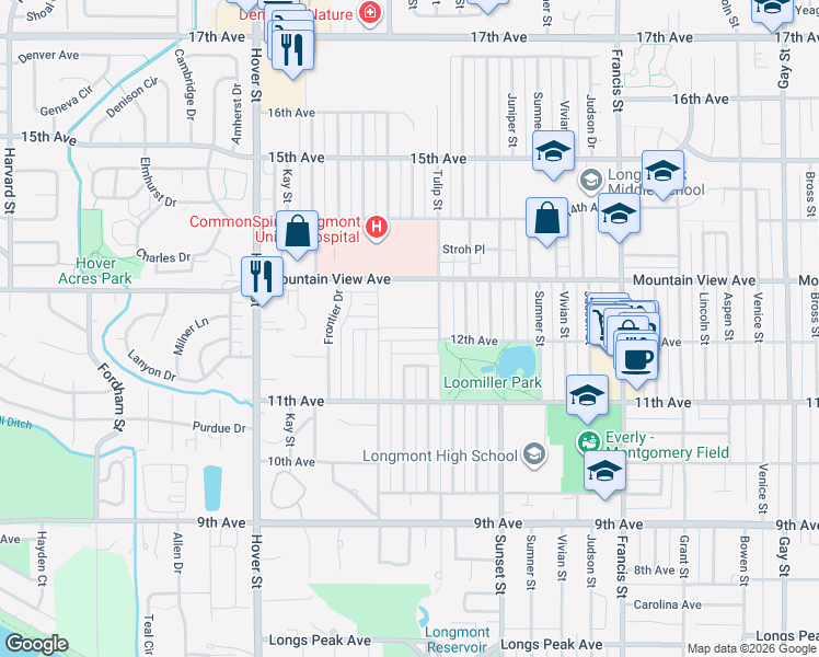 map of restaurants, bars, coffee shops, grocery stores, and more near 1925 Mountain View Avenue in Longmont