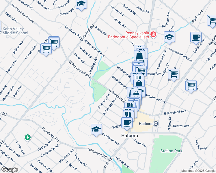 map of restaurants, bars, coffee shops, grocery stores, and more near 214 West Moreland Avenue in Hatboro