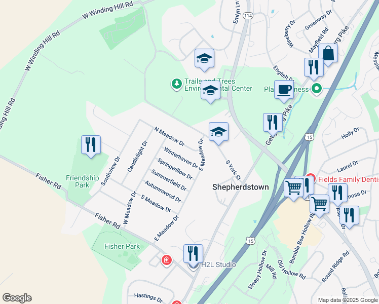 map of restaurants, bars, coffee shops, grocery stores, and more near 1788 North Meadow Drive in Mechanicsburg