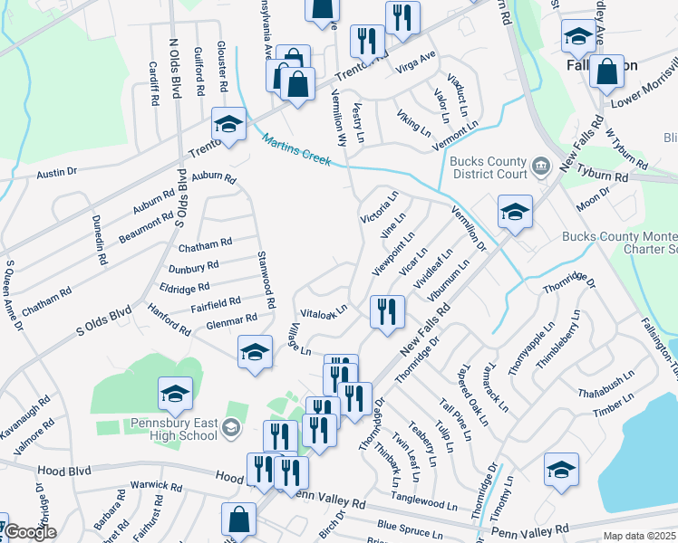 map of restaurants, bars, coffee shops, grocery stores, and more near 140 Village Lane in Levittown