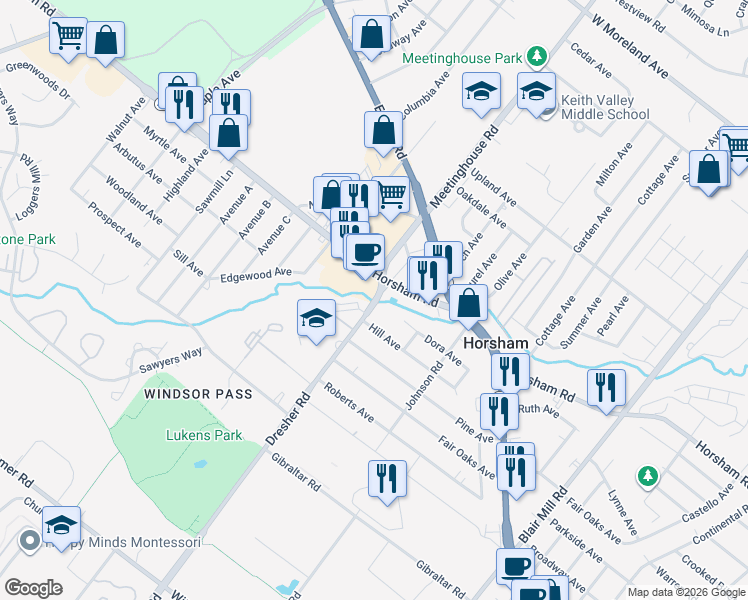 map of restaurants, bars, coffee shops, grocery stores, and more near 404 Dresher Road in Horsham