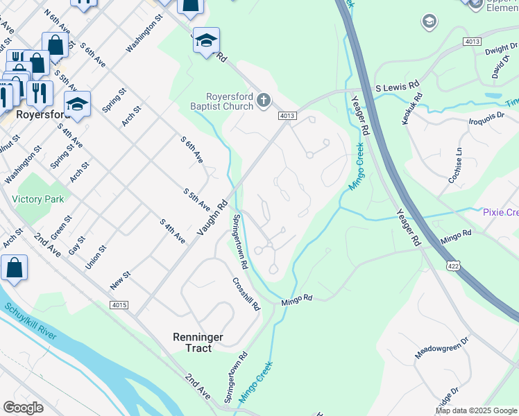 map of restaurants, bars, coffee shops, grocery stores, and more near 51 Roboda Boulevard in Royersford