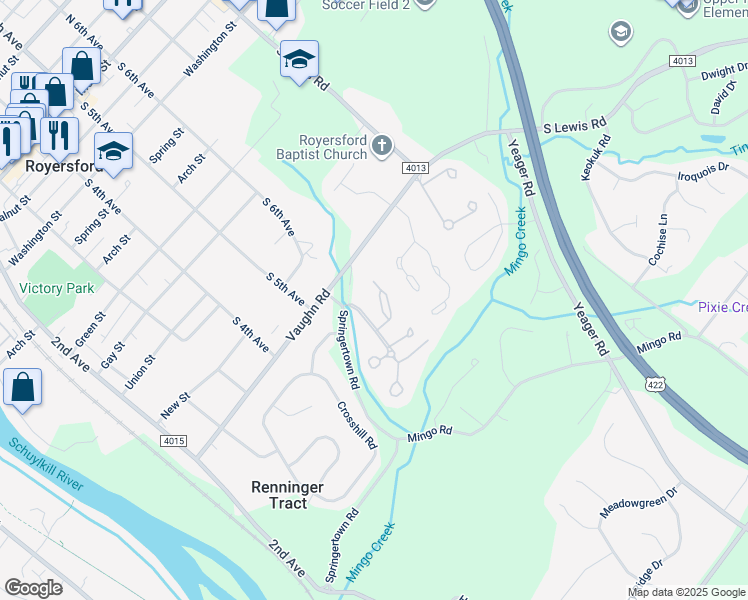 map of restaurants, bars, coffee shops, grocery stores, and more near 51 Roboda Boulevard in Royersford