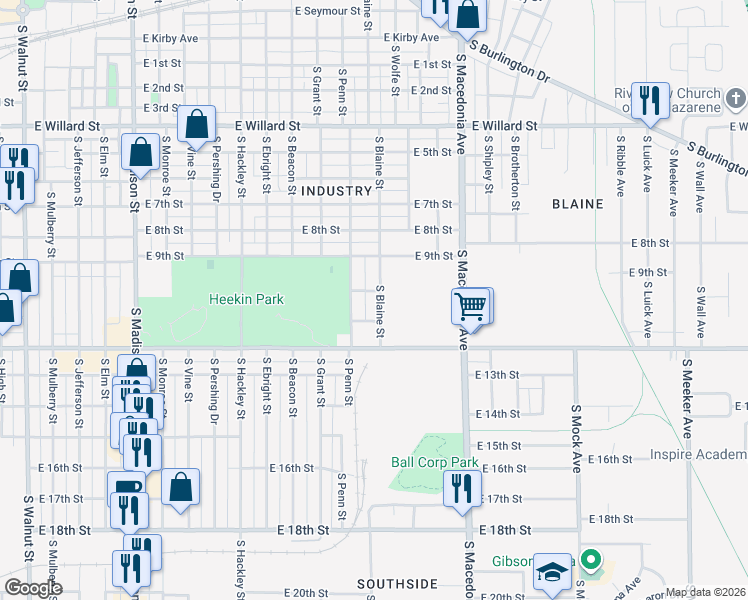 map of restaurants, bars, coffee shops, grocery stores, and more near 1625 South Blaine Street in Muncie