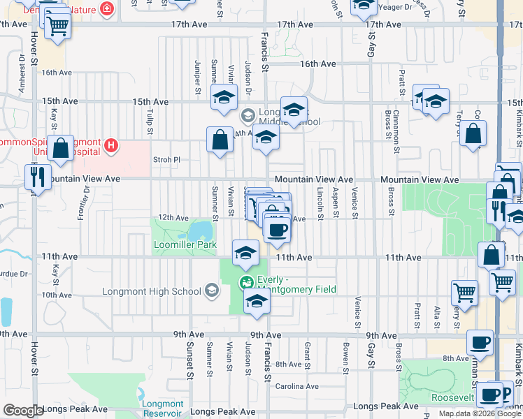 map of restaurants, bars, coffee shops, grocery stores, and more near 1229 Francis Street in Longmont