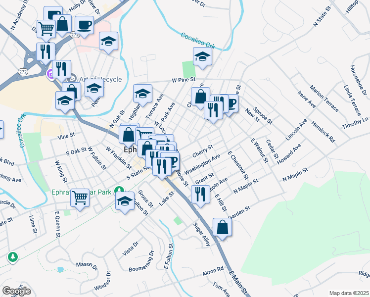 map of restaurants, bars, coffee shops, grocery stores, and more near 121 North State Street in Ephrata