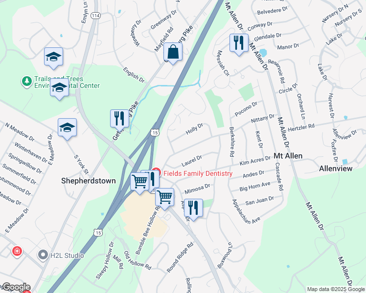 map of restaurants, bars, coffee shops, grocery stores, and more near 125 Holly Drive in Mechanicsburg