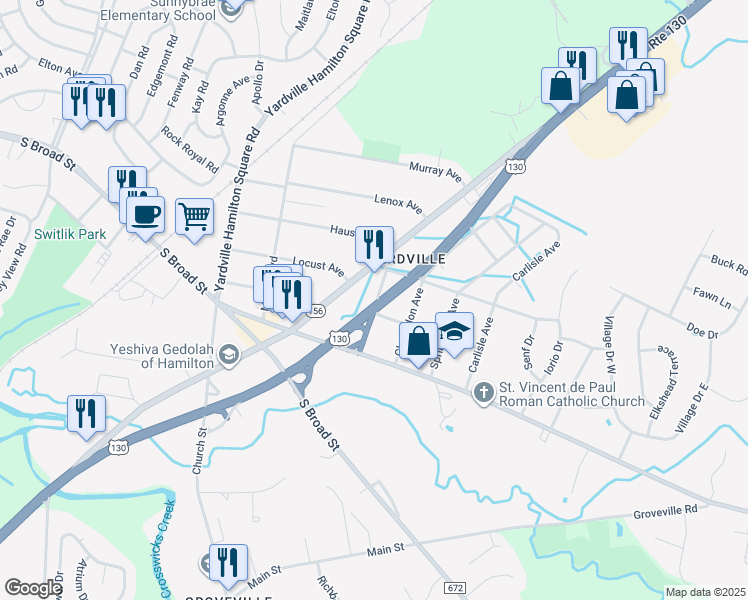 map of restaurants, bars, coffee shops, grocery stores, and more near 255 New Jersey 156 in Hamilton Township