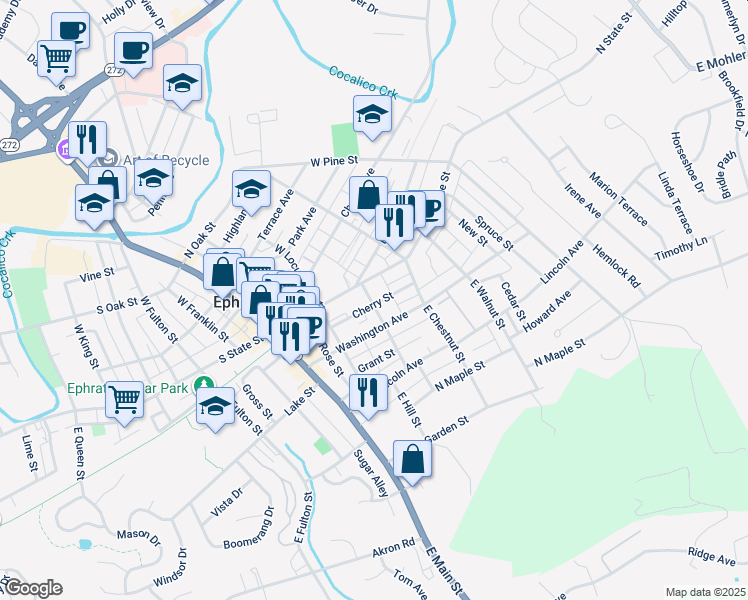 map of restaurants, bars, coffee shops, grocery stores, and more near 215 North State Street in Ephrata
