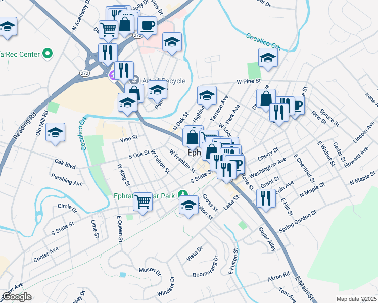 map of restaurants, bars, coffee shops, grocery stores, and more near 226 West Main Street in Ephrata