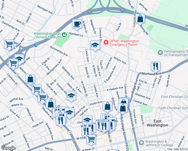 map of restaurants, bars, coffee shops, grocery stores, and more near 703 North Main Street in Washington