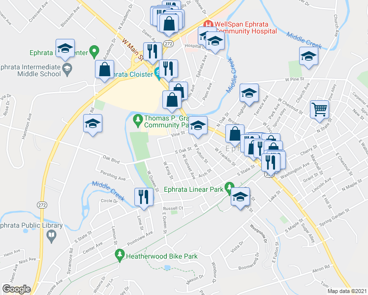 map of restaurants, bars, coffee shops, grocery stores, and more near 301 West Sunset Avenue in Ephrata