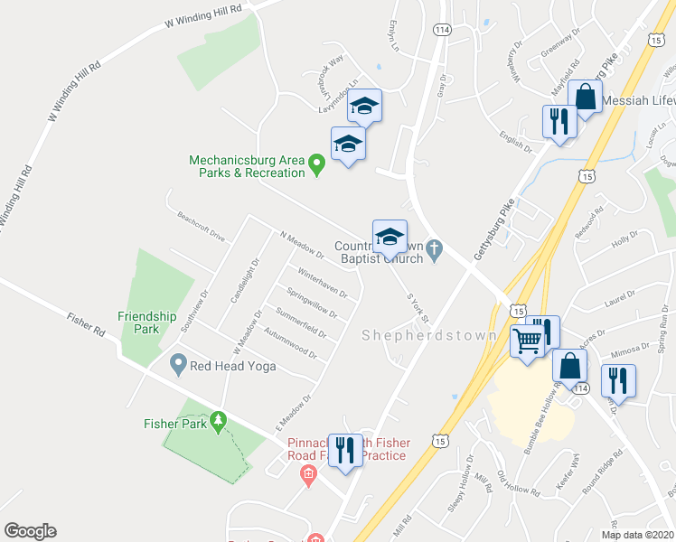 map of restaurants, bars, coffee shops, grocery stores, and more near 1788 North Meadow Drive in Mechanicsburg