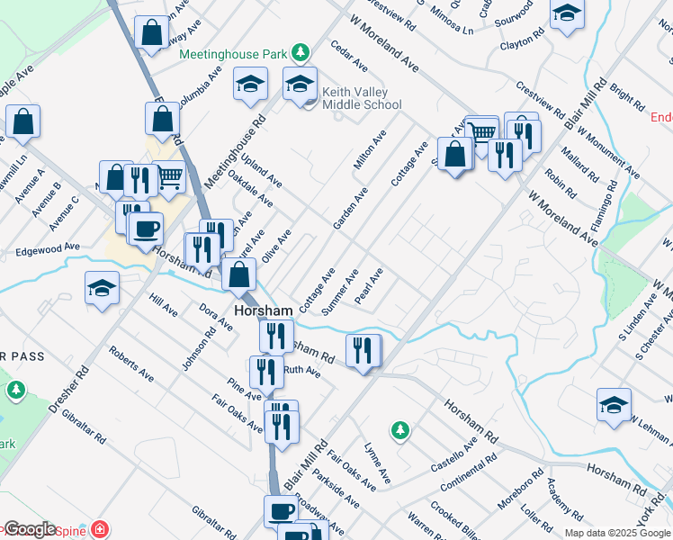 map of restaurants, bars, coffee shops, grocery stores, and more near 313 Cottage Avenue in Horsham