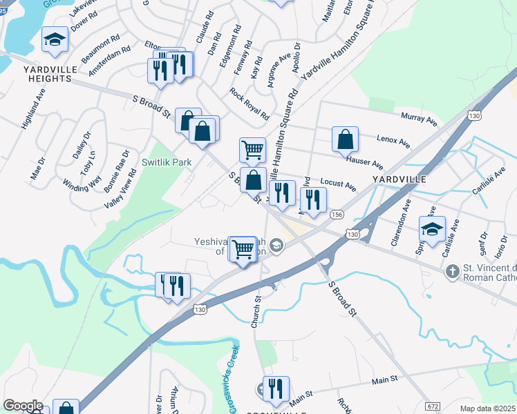 map of restaurants, bars, coffee shops, grocery stores, and more near in Groveville