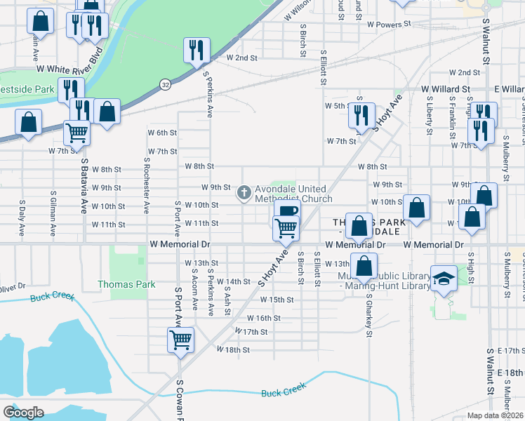 map of restaurants, bars, coffee shops, grocery stores, and more near 1600-1698 South Pierce Street in Muncie