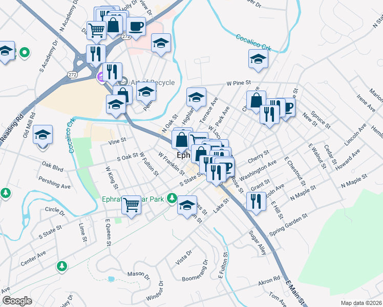 map of restaurants, bars, coffee shops, grocery stores, and more near in Ephrata