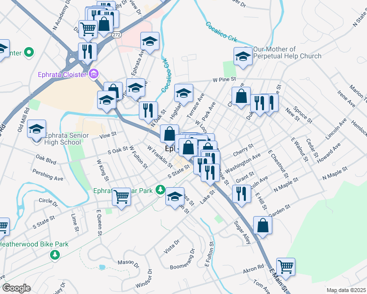 map of restaurants, bars, coffee shops, grocery stores, and more near 10 North Church Street in Ephrata