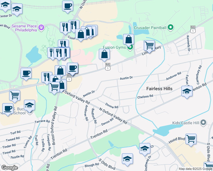 map of restaurants, bars, coffee shops, grocery stores, and more near 239 Andover Road in Fairless Hills