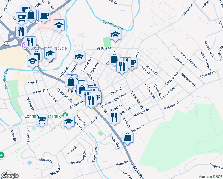 map of restaurants, bars, coffee shops, grocery stores, and more near 145 North State Street in Ephrata
