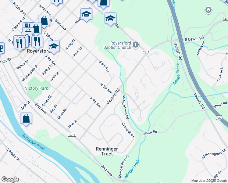 map of restaurants, bars, coffee shops, grocery stores, and more near 501 Vaughn Road in Royersford