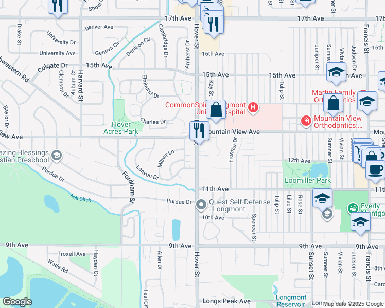 map of restaurants, bars, coffee shops, grocery stores, and more near 1230 Lanyon Lane in Longmont