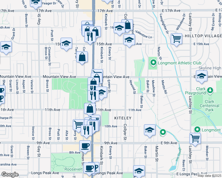 map of restaurants, bars, coffee shops, grocery stores, and more near 344 Colony Place in Longmont