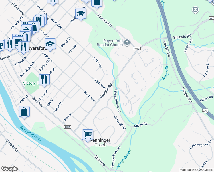 map of restaurants, bars, coffee shops, grocery stores, and more near 501 Vaughn Road in Royersford