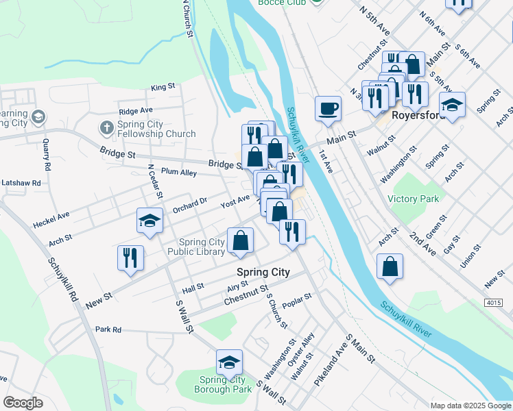 map of restaurants, bars, coffee shops, grocery stores, and more near 129 North Main Street in Spring City