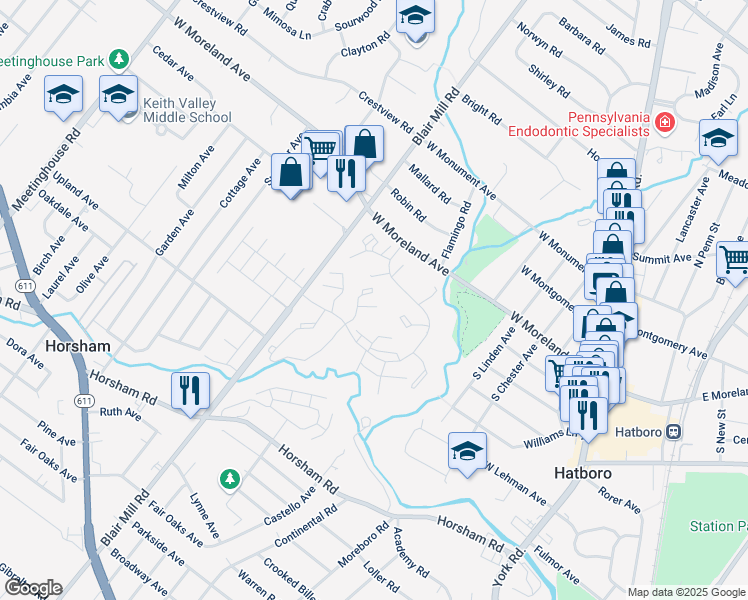 map of restaurants, bars, coffee shops, grocery stores, and more near 3855 Blair Mill Road in Horsham
