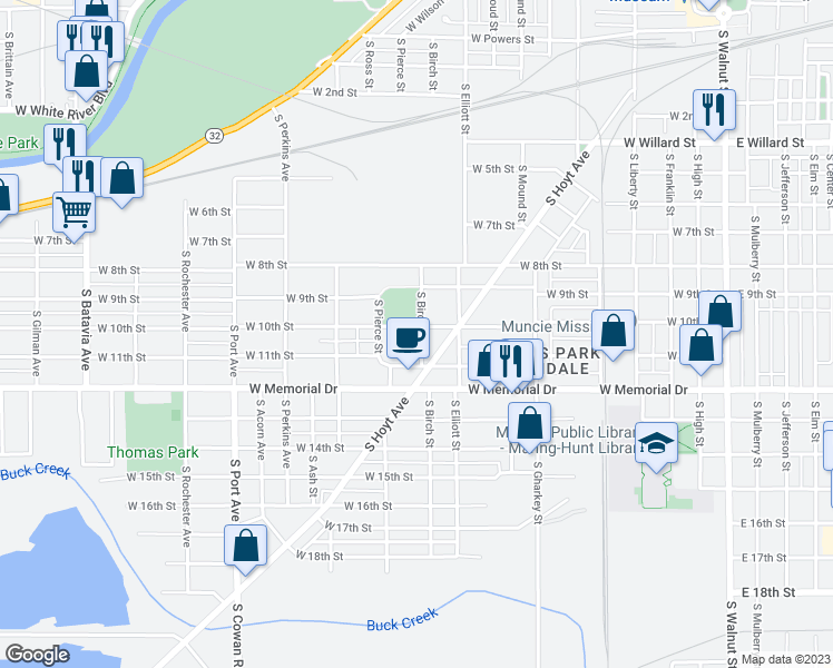 map of restaurants, bars, coffee shops, grocery stores, and more near 1101 West 10th Street in Muncie