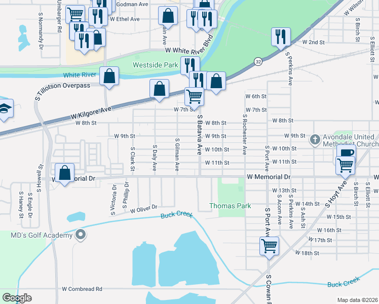 map of restaurants, bars, coffee shops, grocery stores, and more near 2208 West 10th Street in Muncie