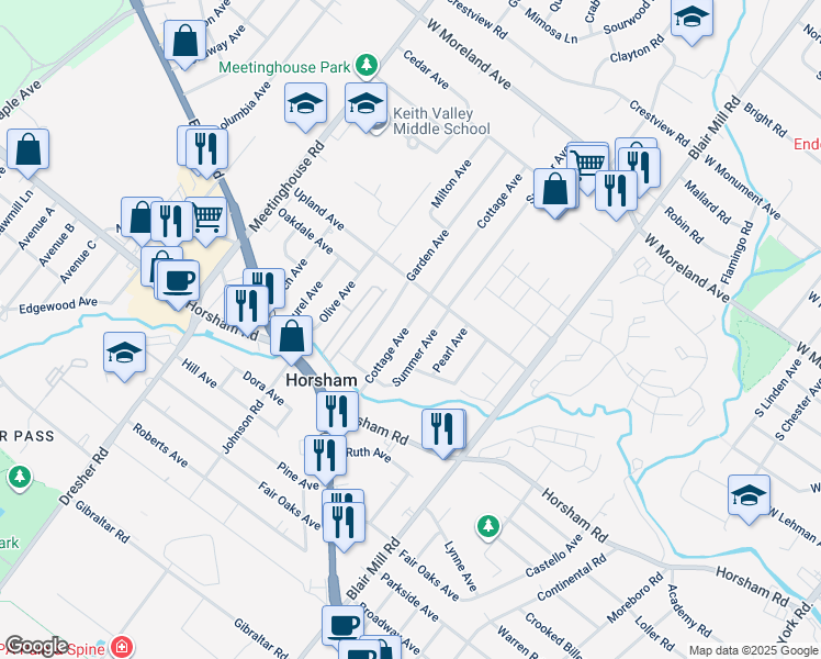 map of restaurants, bars, coffee shops, grocery stores, and more near 313 Cottage Avenue in Horsham