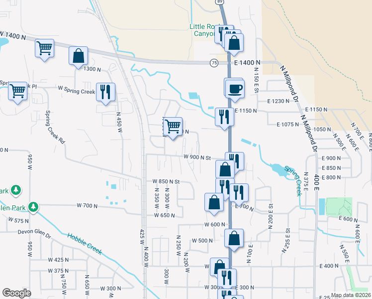 map of restaurants, bars, coffee shops, grocery stores, and more near 202 West 900 North in Springville