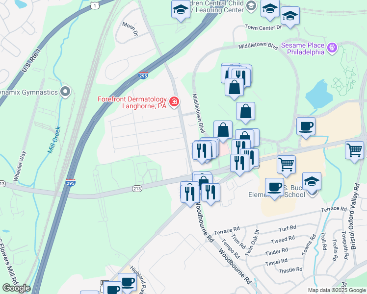 map of restaurants, bars, coffee shops, grocery stores, and more near 1971 Secomd Street in Langhorne