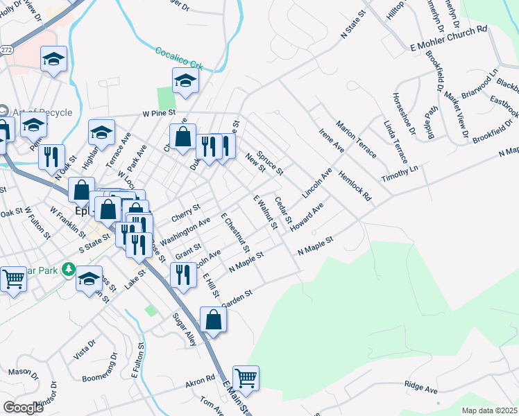 map of restaurants, bars, coffee shops, grocery stores, and more near 129 East Walnut Street in Ephrata