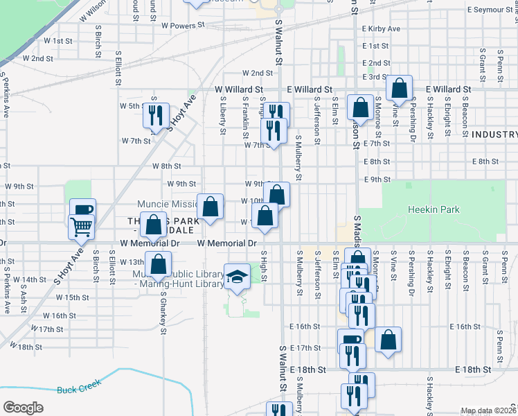 map of restaurants, bars, coffee shops, grocery stores, and more near 200 West 10th Street in Muncie
