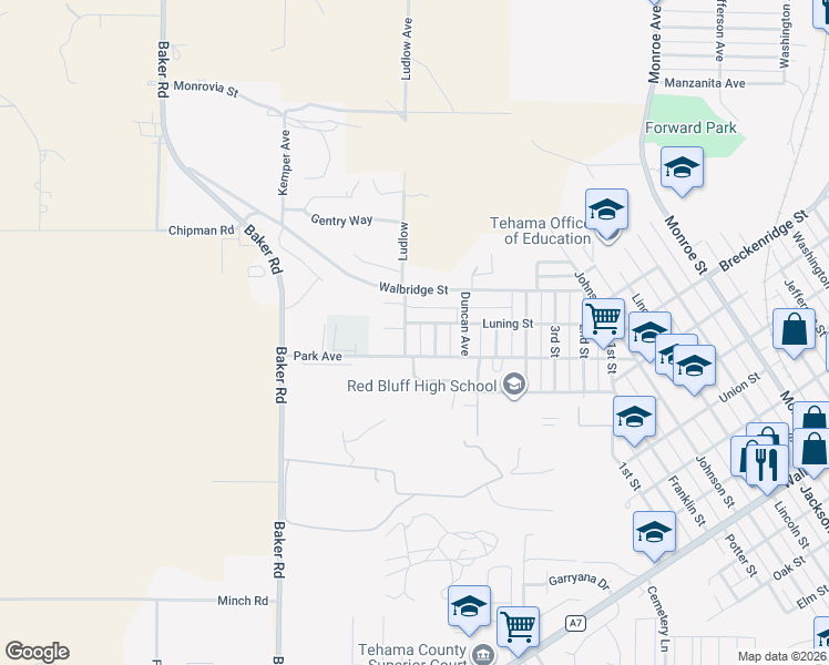 map of restaurants, bars, coffee shops, grocery stores, and more near 1850 Luning Street in Red Bluff