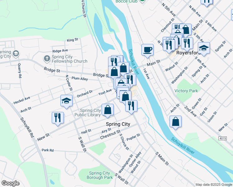 map of restaurants, bars, coffee shops, grocery stores, and more near 112 North Main Street in Spring City