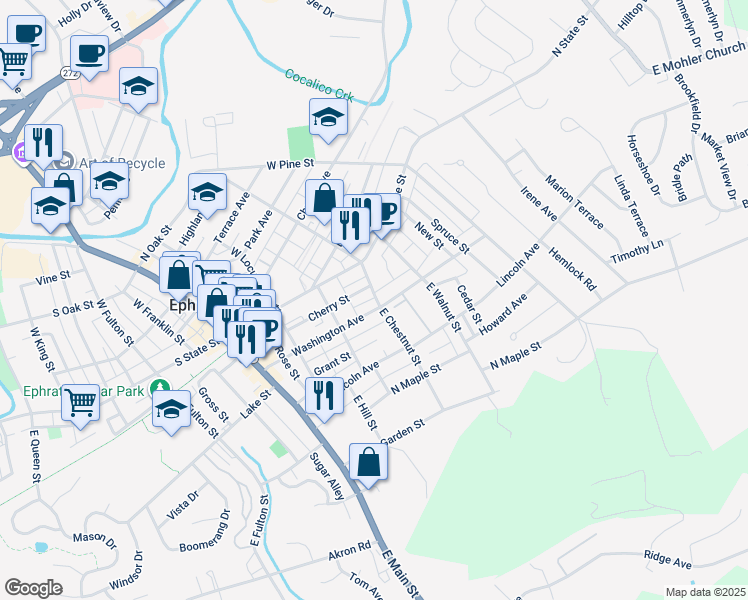map of restaurants, bars, coffee shops, grocery stores, and more near 51 East Chestnut Street in Ephrata