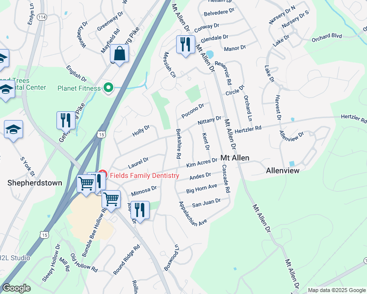 map of restaurants, bars, coffee shops, grocery stores, and more near 407 Berkshire Road in Mechanicsburg