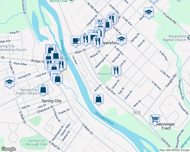 map of restaurants, bars, coffee shops, grocery stores, and more near 237 2nd Avenue in Royersford
