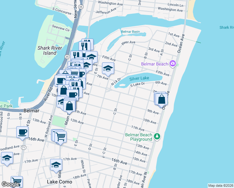 map of restaurants, bars, coffee shops, grocery stores, and more near 8th Avenue in Belmar